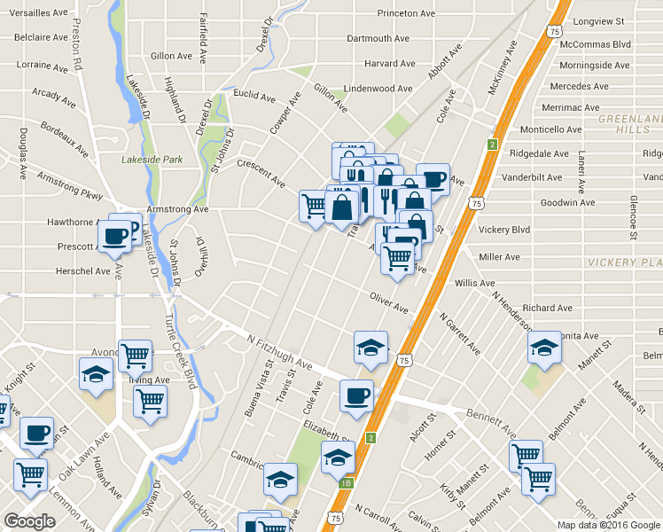 map of restaurants, bars, coffee shops, grocery stores, and more near 4425 Travis Street in Dallas