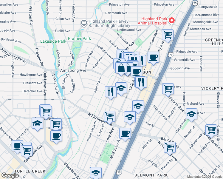 map of restaurants, bars, coffee shops, grocery stores, and more near 3503 Cragmont Avenue in Dallas