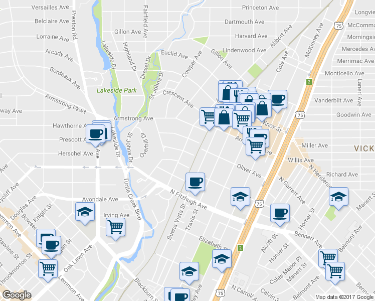 map of restaurants, bars, coffee shops, grocery stores, and more near 3604 Cragmont Avenue in Dallas