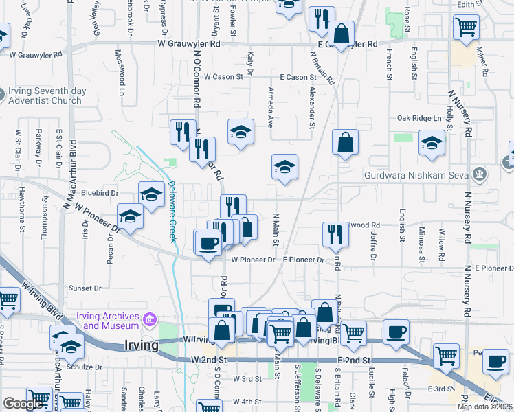map of restaurants, bars, coffee shops, grocery stores, and more near 800 Ricker Court in Irving