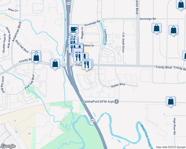 map of restaurants, bars, coffee shops, grocery stores, and more near 14200 Trinity Boulevard in Fort Worth