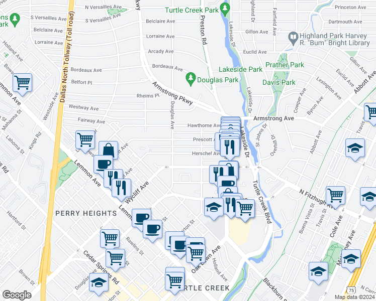 map of restaurants, bars, coffee shops, grocery stores, and more near 4131 Herschel Avenue in Dallas