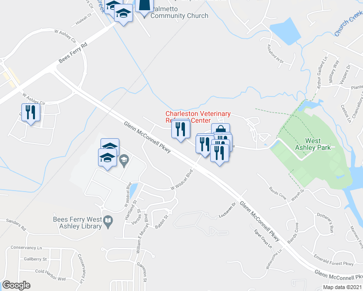 map of restaurants, bars, coffee shops, grocery stores, and more near 3476 Shelby Ray Court in Charleston