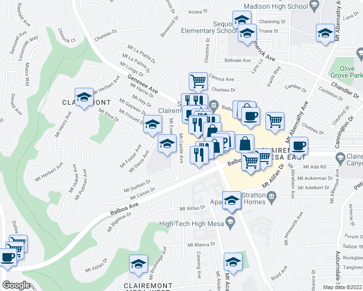 map of restaurants, bars, coffee shops, grocery stores, and more near Mt Etna Dr & Mt Castle Ave in San Diego