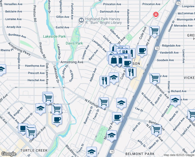 map of restaurants, bars, coffee shops, grocery stores, and more near 3507 Overbrook Drive in Dallas
