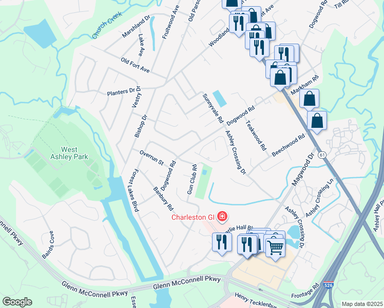 map of restaurants, bars, coffee shops, grocery stores, and more near 1886 Maple Leaf Court in Charleston