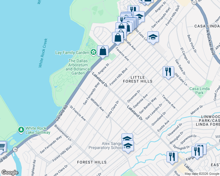 map of restaurants, bars, coffee shops, grocery stores, and more near 8610 San Fernando Way in Dallas