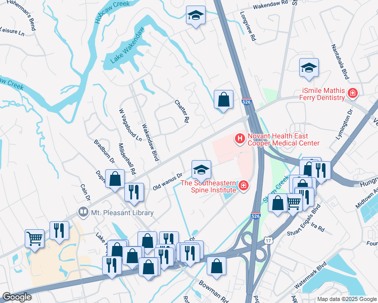map of restaurants, bars, coffee shops, grocery stores, and more near 1295 Mathis Ferry Road in Mount Pleasant
