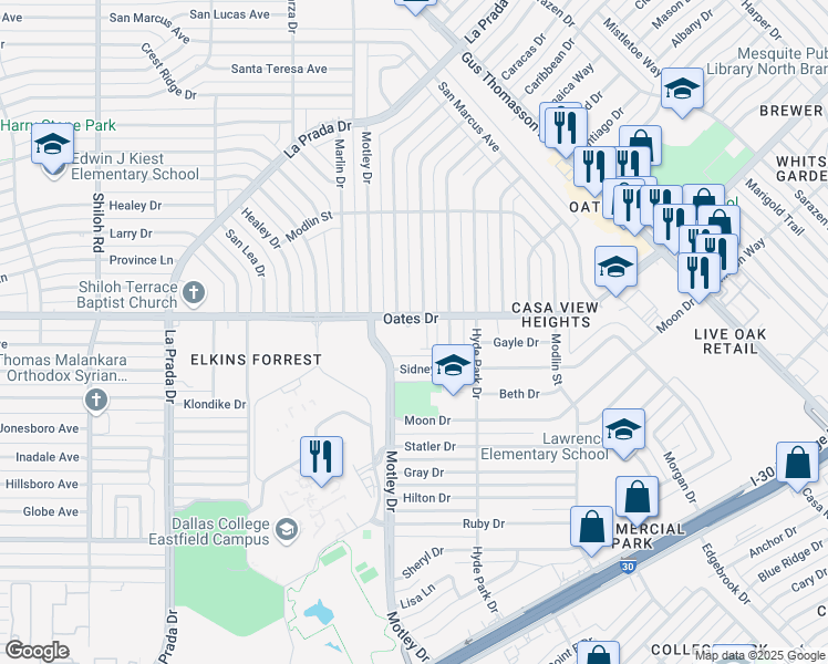 map of restaurants, bars, coffee shops, grocery stores, and more near 3700 Oates Drive in Mesquite