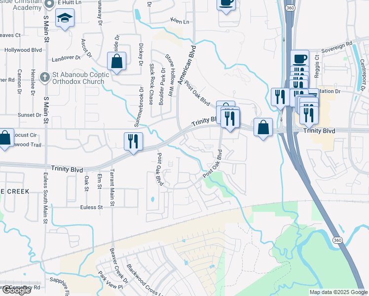 map of restaurants, bars, coffee shops, grocery stores, and more near 13704 West Rim Drive in Euless