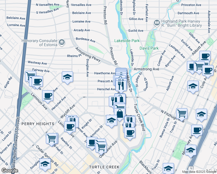 map of restaurants, bars, coffee shops, grocery stores, and more near 4215 Herschel Avenue in Dallas