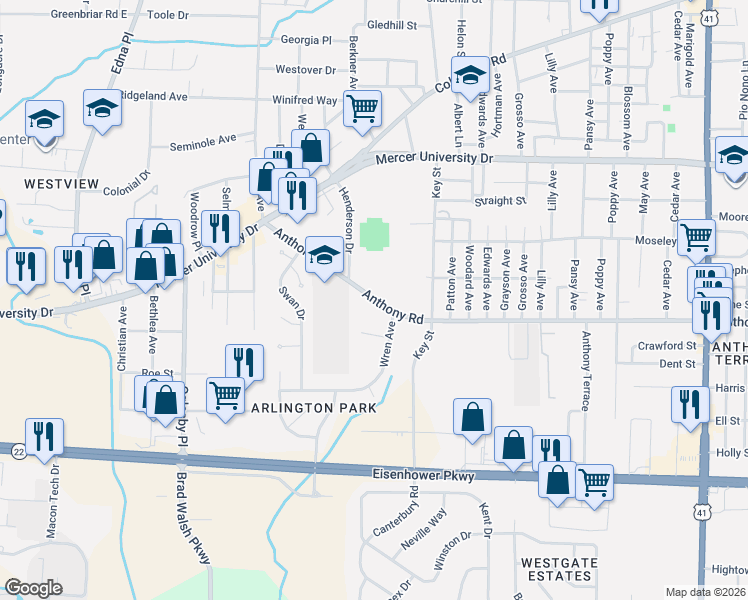 map of restaurants, bars, coffee shops, grocery stores, and more near 2172 Anthony Road in Macon