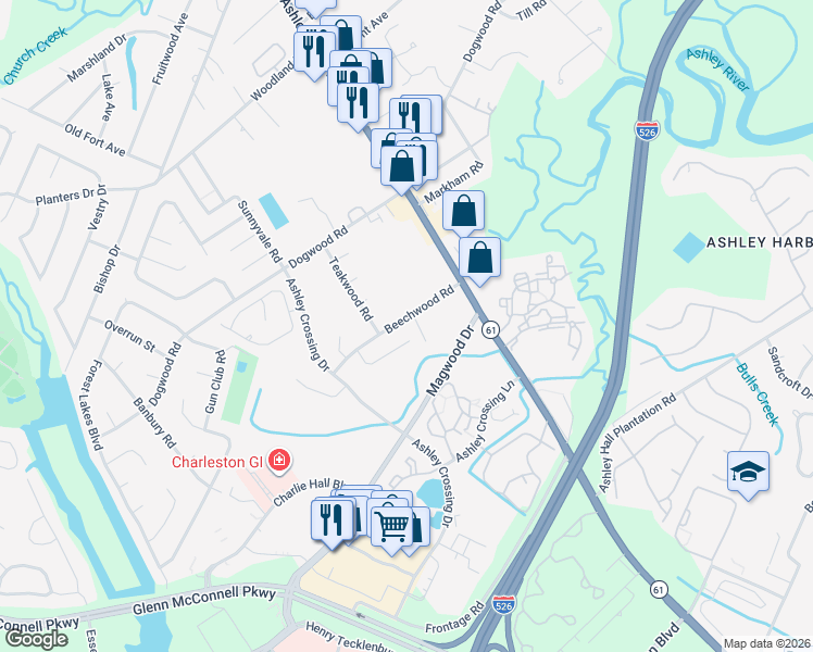 map of restaurants, bars, coffee shops, grocery stores, and more near 1841 Beechwood Road in Charleston