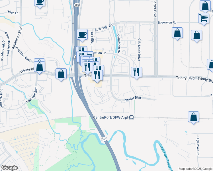 map of restaurants, bars, coffee shops, grocery stores, and more near 3999 Centreport Drive in Fort Worth