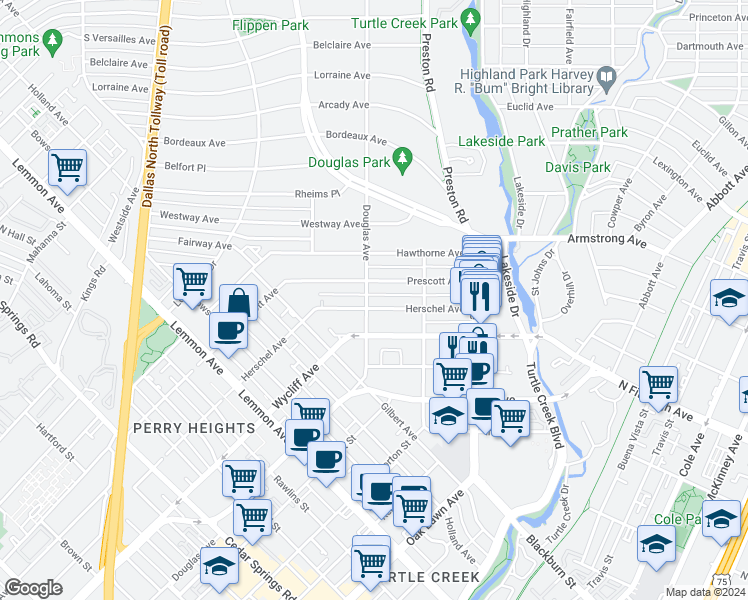 map of restaurants, bars, coffee shops, grocery stores, and more near 4107 Herschel Avenue in Dallas