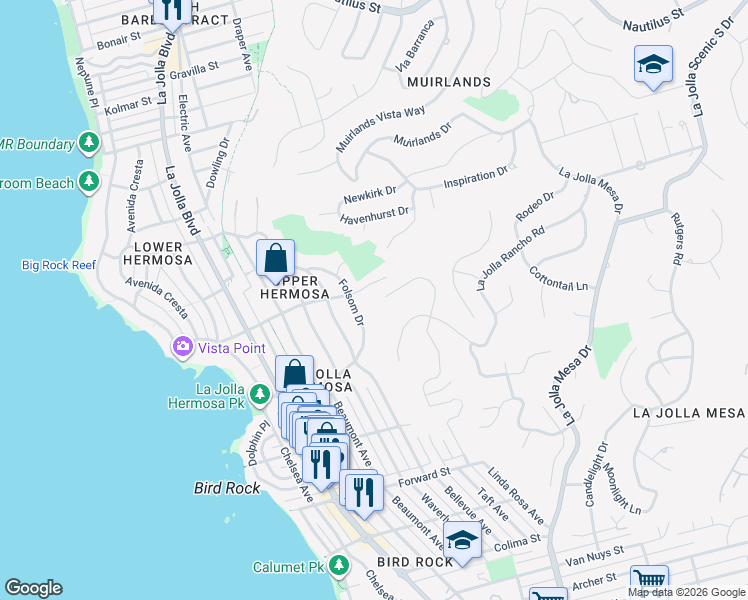 map of restaurants, bars, coffee shops, grocery stores, and more near 5995 La Jolla Corona Drive in San Diego