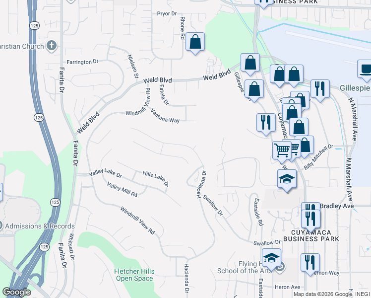 map of restaurants, bars, coffee shops, grocery stores, and more near 1831 Hacienda Drive in El Cajon