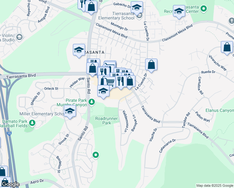 map of restaurants, bars, coffee shops, grocery stores, and more near 10645 Tierrasanta Boulevard in San Diego