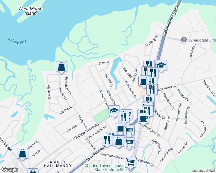 map of restaurants, bars, coffee shops, grocery stores, and more near 18 Sussex Road in Charleston