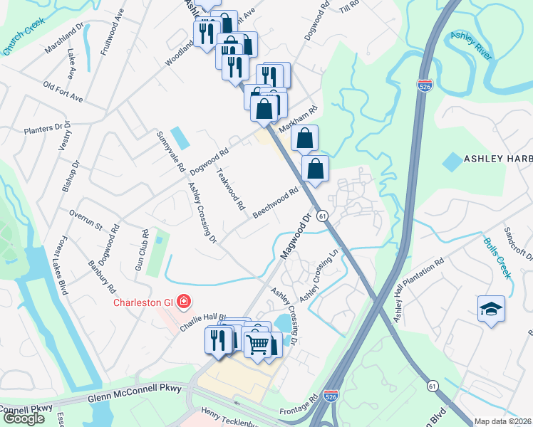 map of restaurants, bars, coffee shops, grocery stores, and more near 1841 Beechwood Road in Charleston