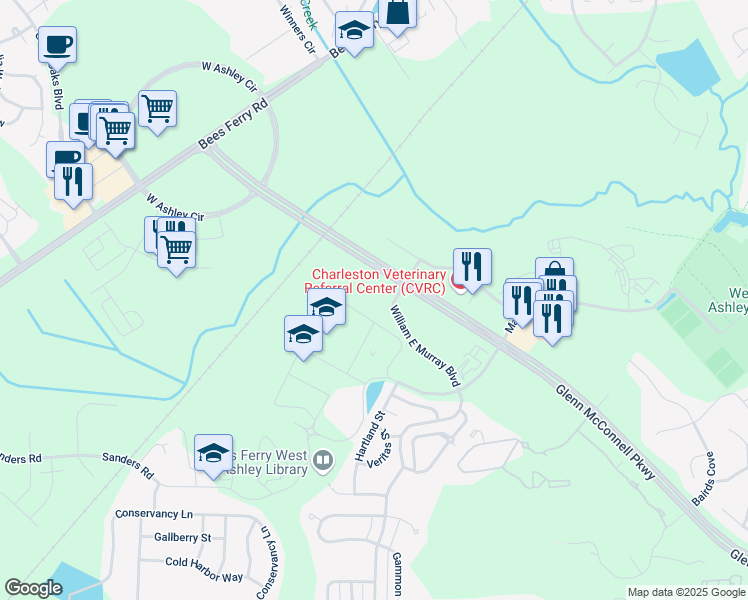 map of restaurants, bars, coffee shops, grocery stores, and more near 3427-3437 Glenn McConnell Parkway in Charleston