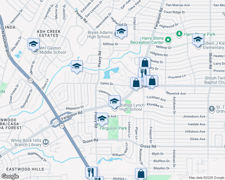 map of restaurants, bars, coffee shops, grocery stores, and more near 1852 Oates Drive in Dallas