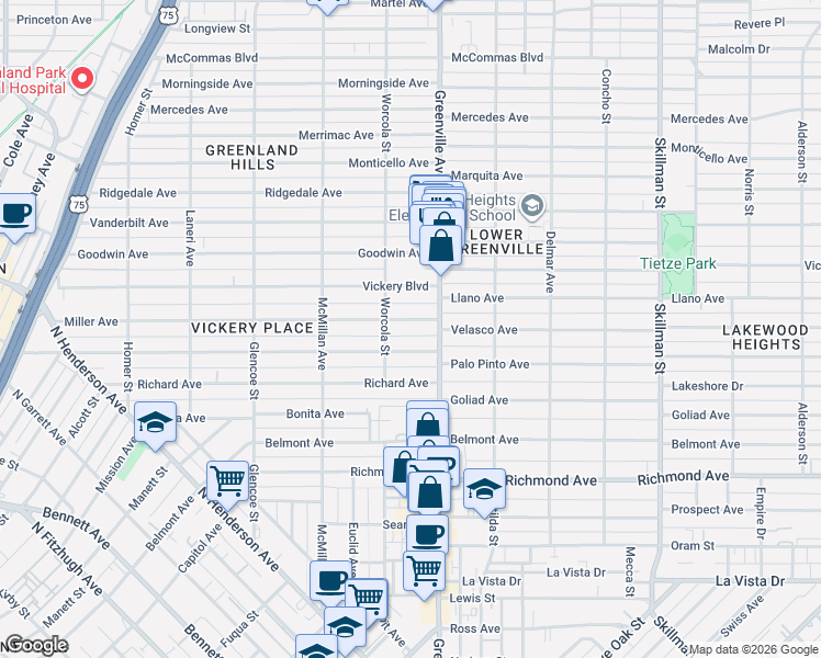 map of restaurants, bars, coffee shops, grocery stores, and more near 5629 Miller Avenue in Dallas