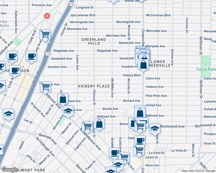 map of restaurants, bars, coffee shops, grocery stores, and more near 5447 Miller Avenue in Dallas