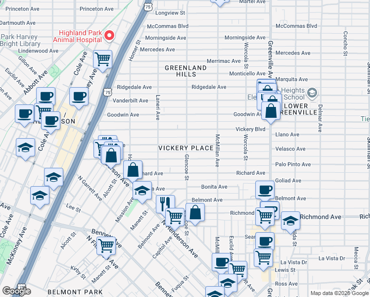 map of restaurants, bars, coffee shops, grocery stores, and more near 5411 Miller Avenue in Dallas