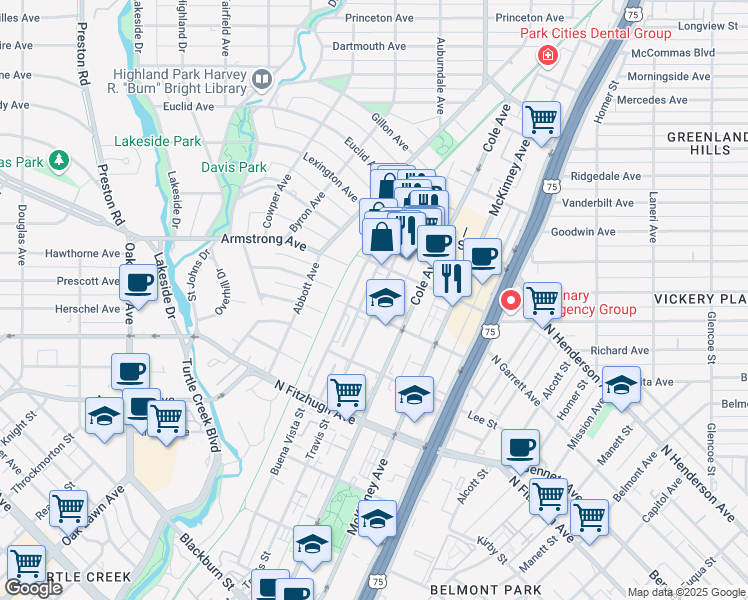 map of restaurants, bars, coffee shops, grocery stores, and more near 4425 Travis Street in Dallas