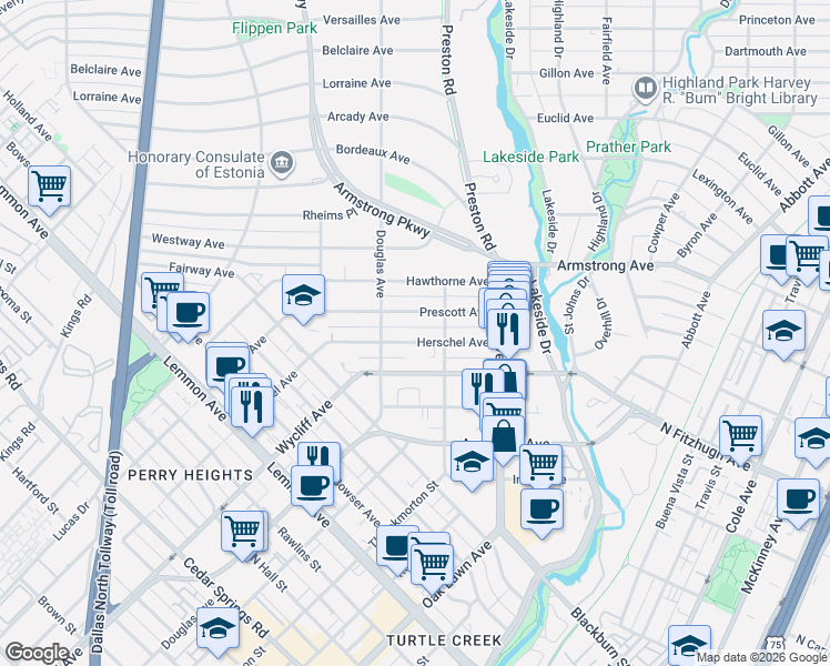 map of restaurants, bars, coffee shops, grocery stores, and more near 4134 Prescott Avenue in Dallas