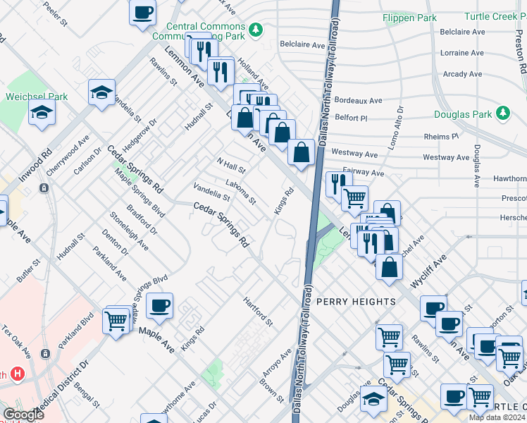 map of restaurants, bars, coffee shops, grocery stores, and more near 4938 Lahoma Street in Dallas