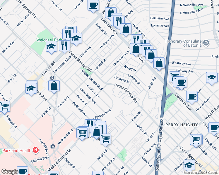 map of restaurants, bars, coffee shops, grocery stores, and more near 5128 Cedar Springs Road in Dallas
