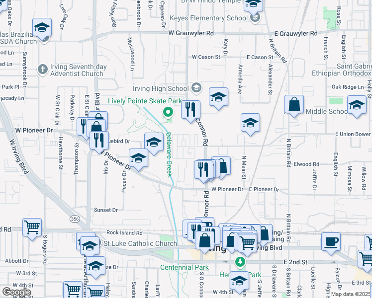 map of restaurants, bars, coffee shops, grocery stores, and more near 804 Ventura Park in Irving