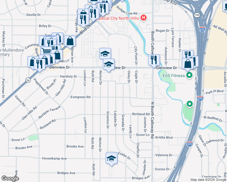 map of restaurants, bars, coffee shops, grocery stores, and more near 3817 Labadie Drive in Richland Hills