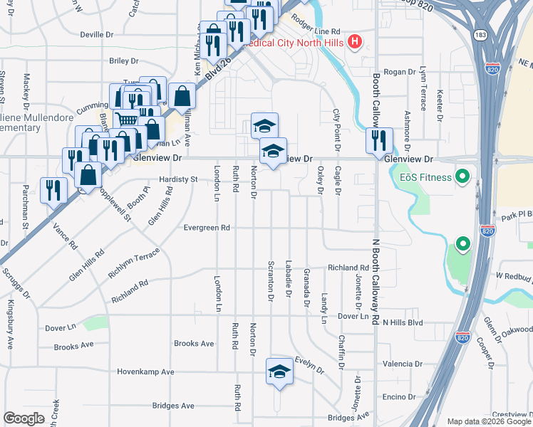 map of restaurants, bars, coffee shops, grocery stores, and more near 3816 Norton Drive in Richland Hills