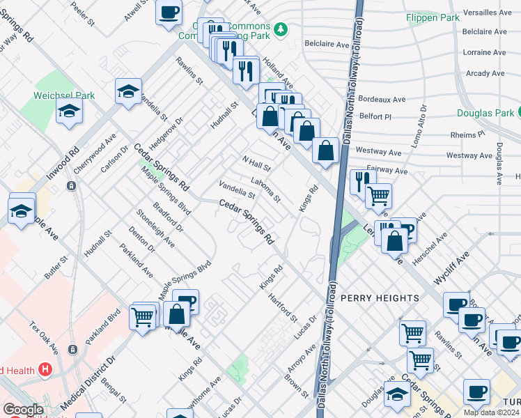 map of restaurants, bars, coffee shops, grocery stores, and more near 3116 Mahanna Street in Dallas