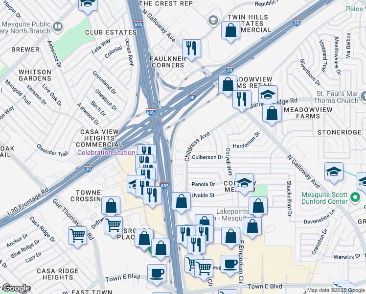 map of restaurants, bars, coffee shops, grocery stores, and more near 4047 Childress Avenue in Mesquite