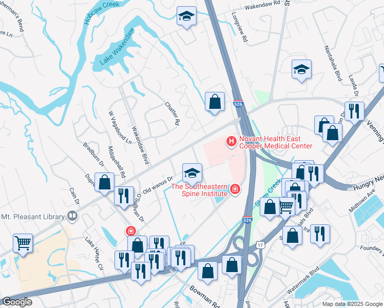 map of restaurants, bars, coffee shops, grocery stores, and more near 811 Von Kolnitz Road in Mount Pleasant