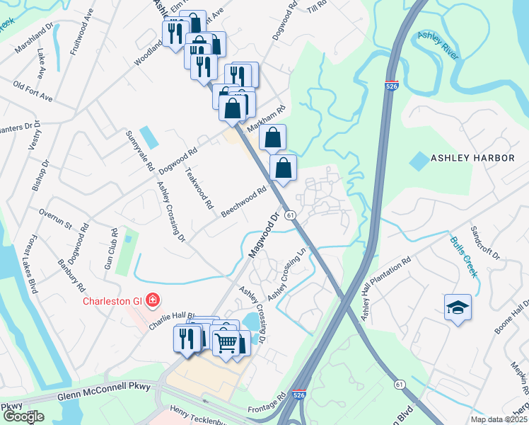 map of restaurants, bars, coffee shops, grocery stores, and more near 1830 Magwood Drive in Charleston