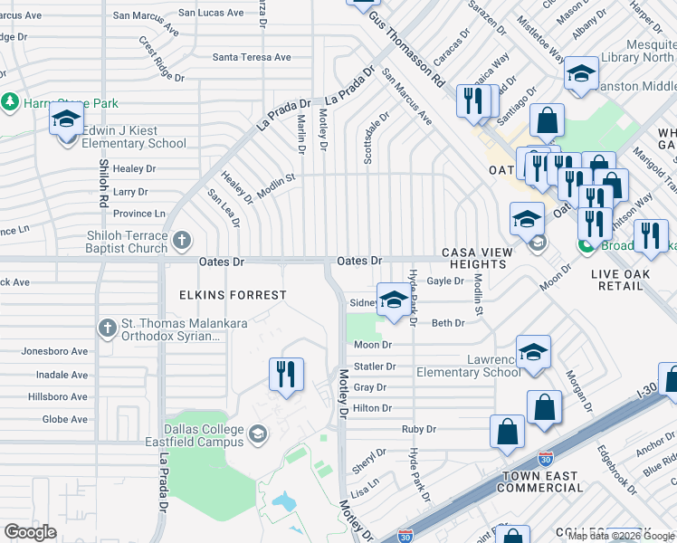 map of restaurants, bars, coffee shops, grocery stores, and more near 3724 Oates Drive in Mesquite