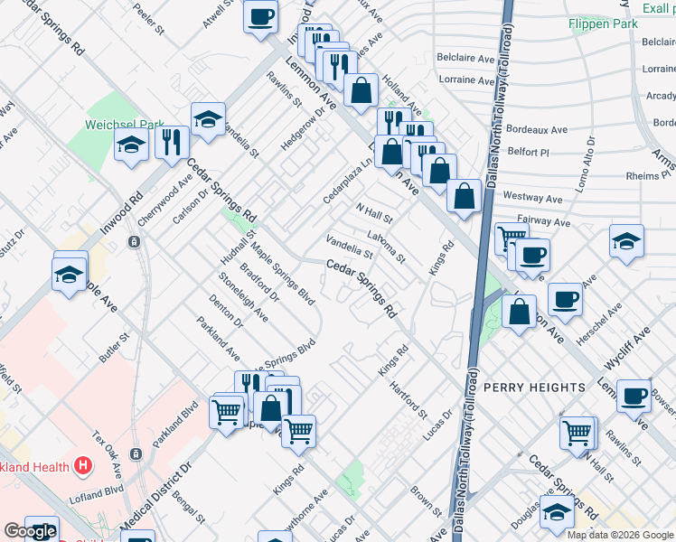 map of restaurants, bars, coffee shops, grocery stores, and more near 5033 Cedar Springs Road in Dallas