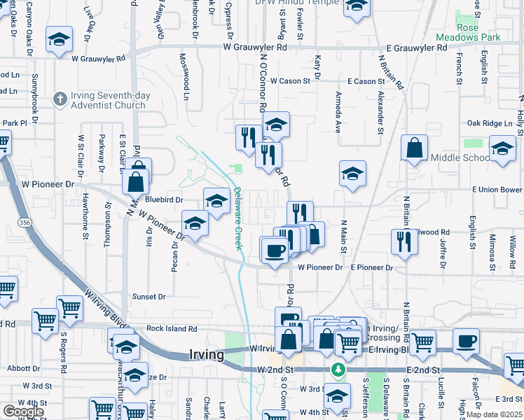 map of restaurants, bars, coffee shops, grocery stores, and more near 804 Ventura Park in Irving