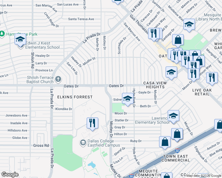 map of restaurants, bars, coffee shops, grocery stores, and more near 3720 Oates Drive in Mesquite