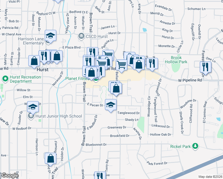 map of restaurants, bars, coffee shops, grocery stores, and more near 601 Bellaire Drive in Hurst