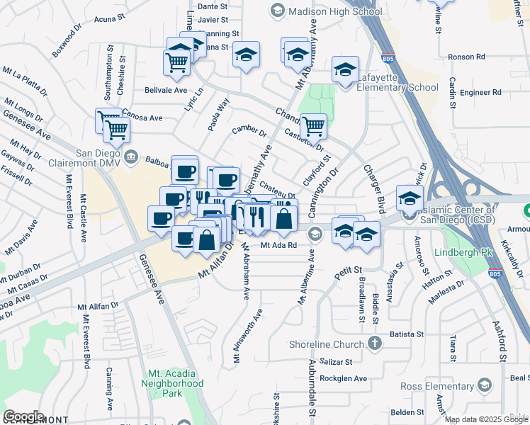 map of restaurants, bars, coffee shops, grocery stores, and more near 6212 Beadnell Way in San Diego