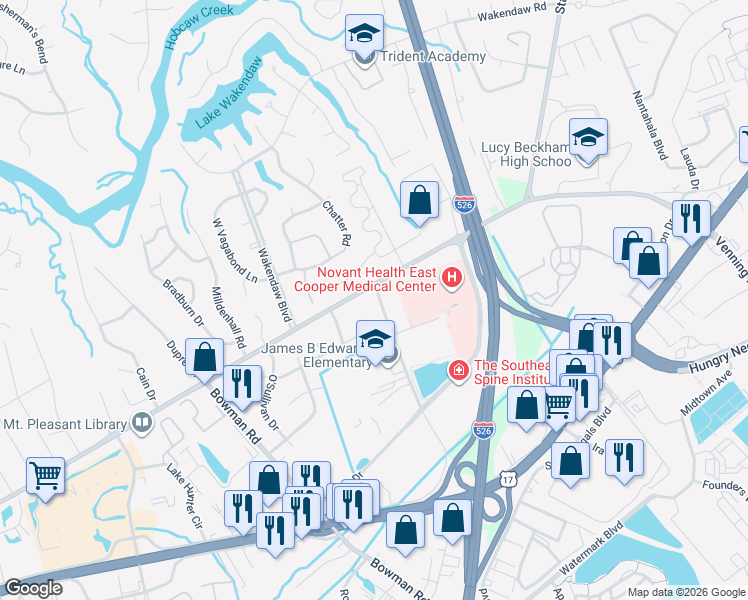 map of restaurants, bars, coffee shops, grocery stores, and more near 807 Von Kolnitz Road in Mount Pleasant
