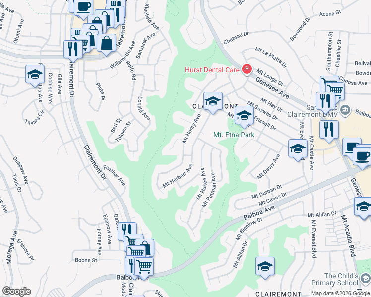 map of restaurants, bars, coffee shops, grocery stores, and more near 4595 Mount Henry Place in San Diego