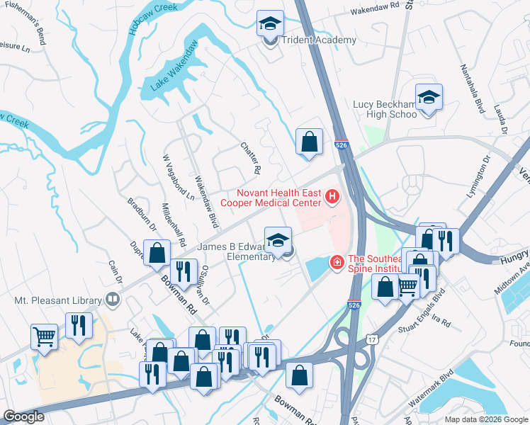 map of restaurants, bars, coffee shops, grocery stores, and more near 1295 Mathis Ferry Road in Mount Pleasant