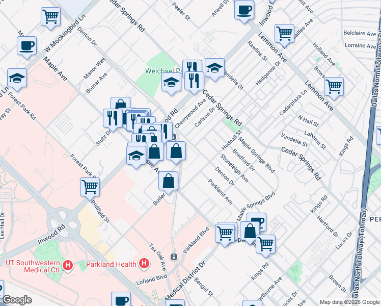 map of restaurants, bars, coffee shops, grocery stores, and more near 5502 Denton Dr Cut Off in Dallas
